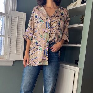 Open Edit (Nordstrom) Oversized Short Sleeve Button Through Retro Color Shirt